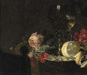 A 'Roemer' with white wine, a partially peeled lemon, cherries and other fruit on a silver plate with a rose and grapes on a stone ledge simon luttichuys